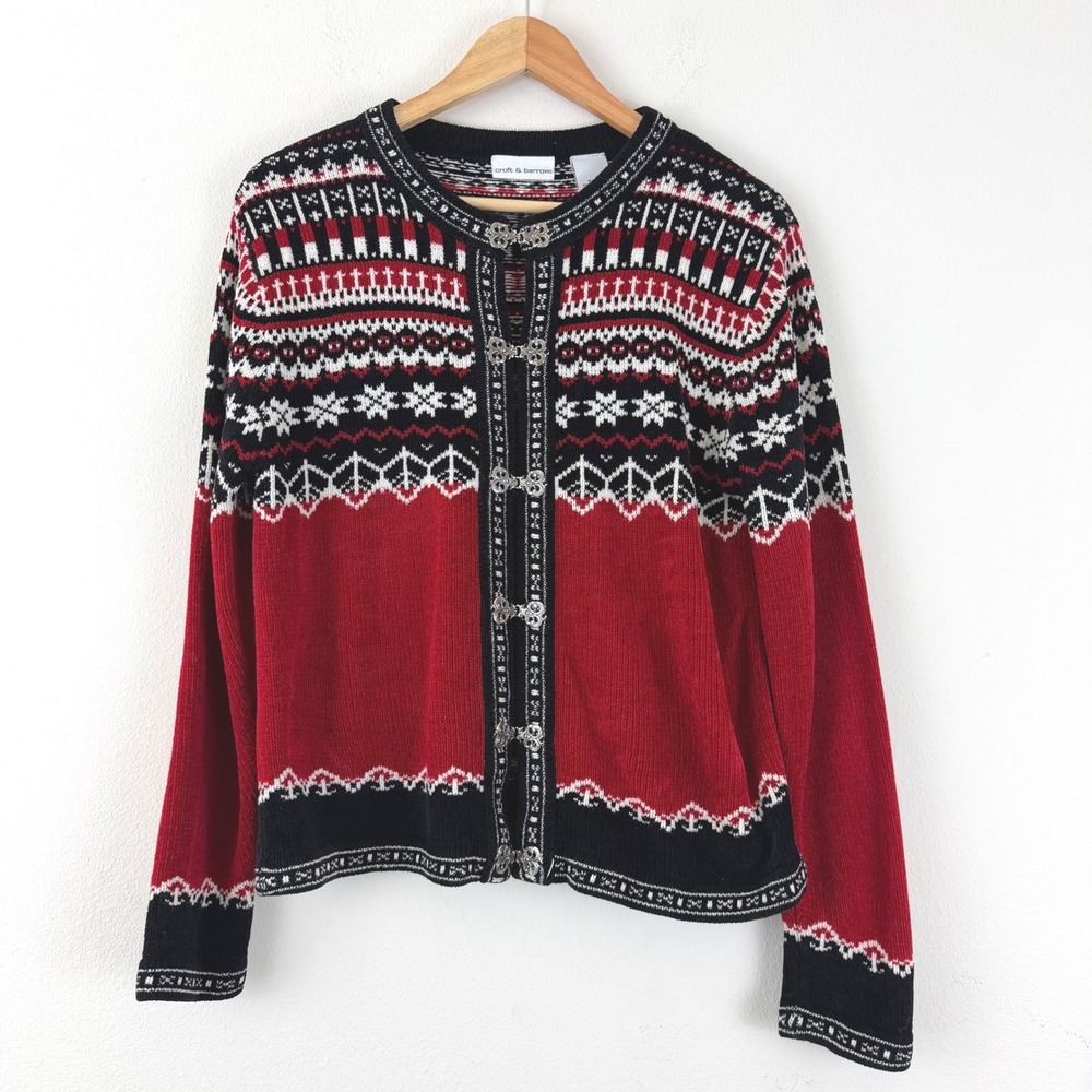 VTG Nordic Croft & Barrow Small Red Fair Isle Cardigan Metal Clasp Sweater